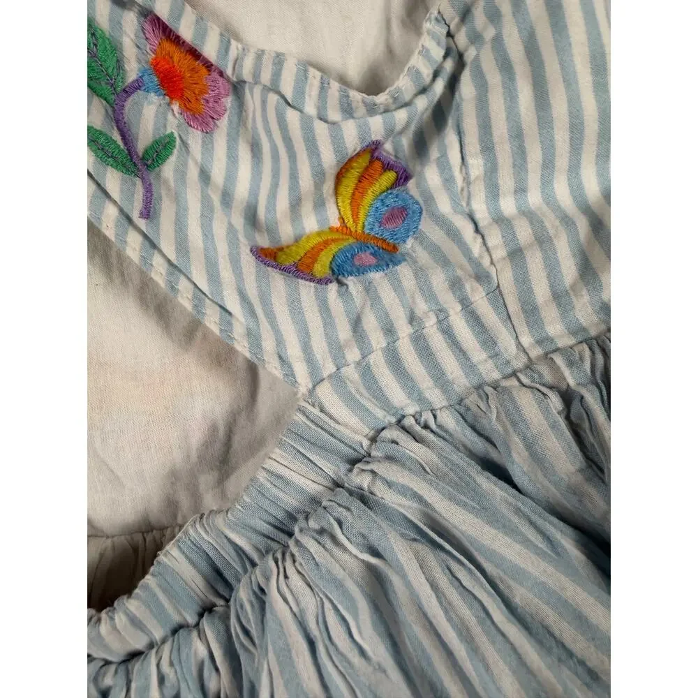 Mini Boden Embroidered Cross-Back Dress Blue Stripe Butterfly Floral 6-7 Years
